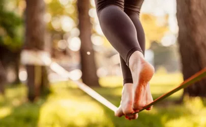 Frau balanciert auf einer Slackline in einem Park