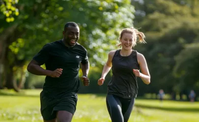 Ein Personal Trainer joggt mit einer Kundin durch einen Park an einem sonnigen Tag