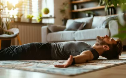 ein Mann liegt in seinem Wohnzimmer auf dem Boden in der Shavasana-Haltung